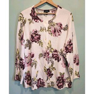 Lands End Ivory Pink Burgundy Floral Lightweight Cardigan Sweater Sz 2X
